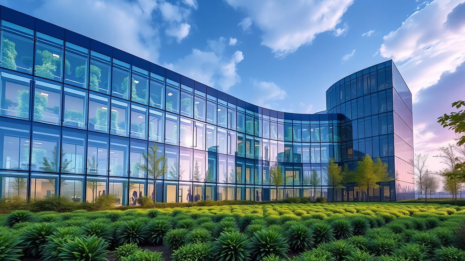Glass building with colorful sky
