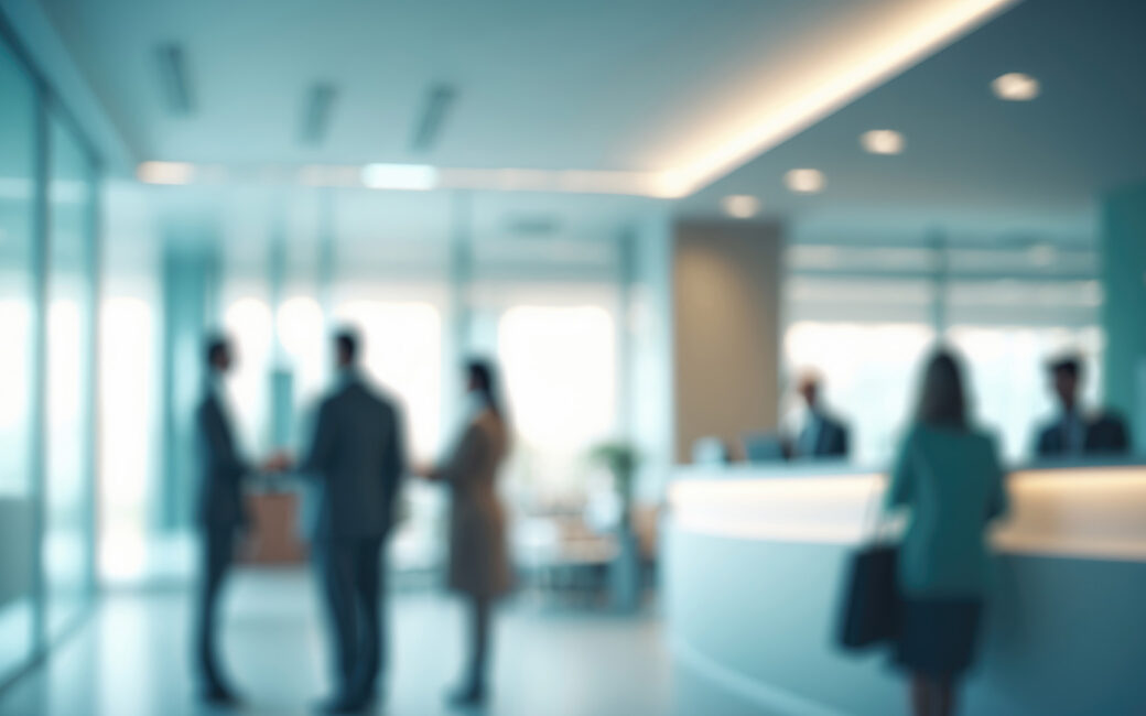 Office hall of a bank with people and blurred waiting area in the lobby